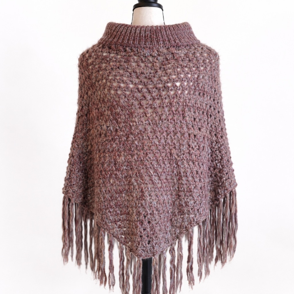 SAY WHAT? Chunky Knit Fringe Poncho Sweater Boho Western Festival One Size - Picture 3 of 6